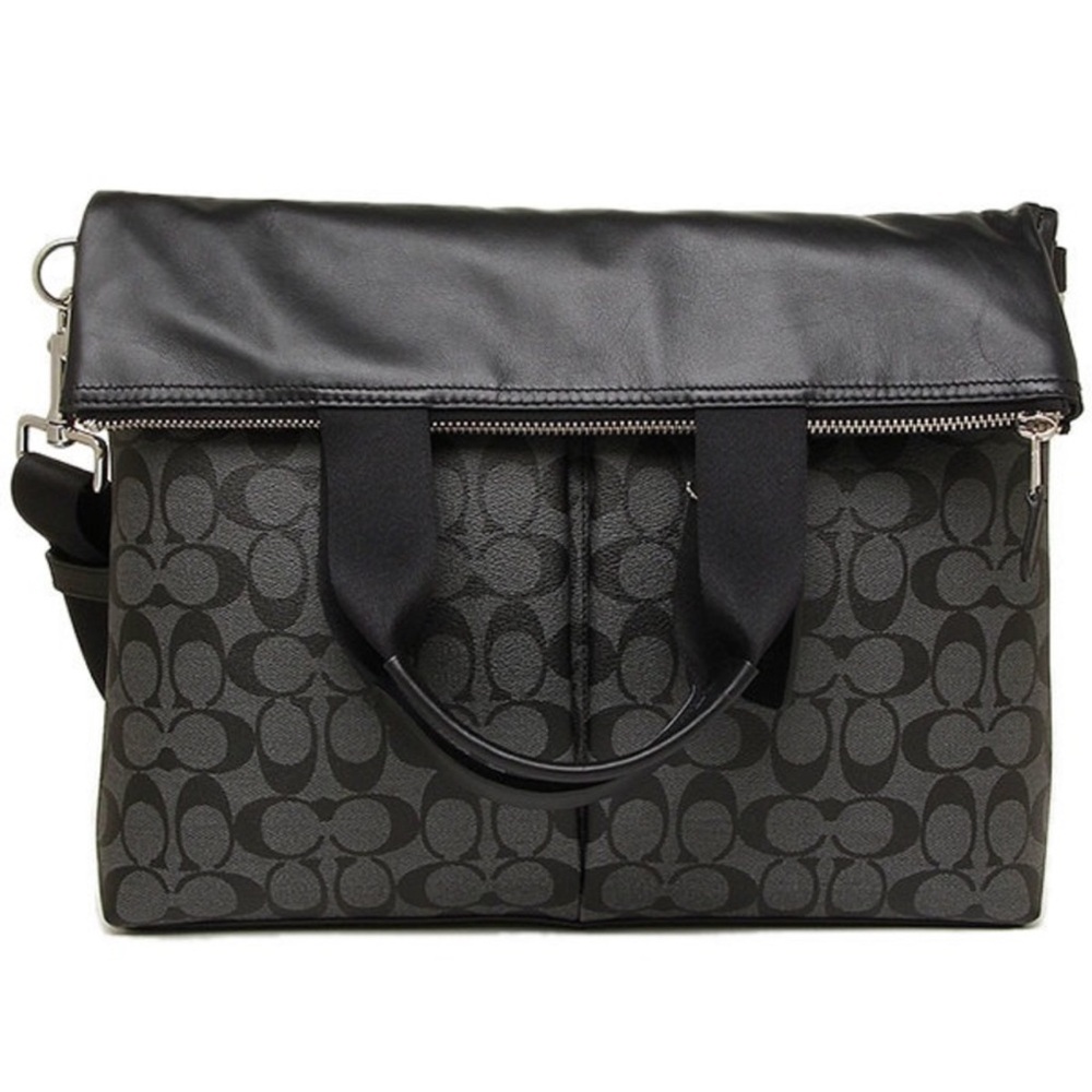 Mens Coach Charles Foldover Tote Black Leather Messenger Tote New - Picture 5 of 10